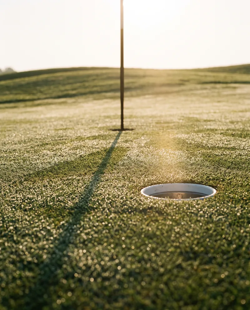 Dew on a putting green at first light, the cup and the flagstick's long shadow.