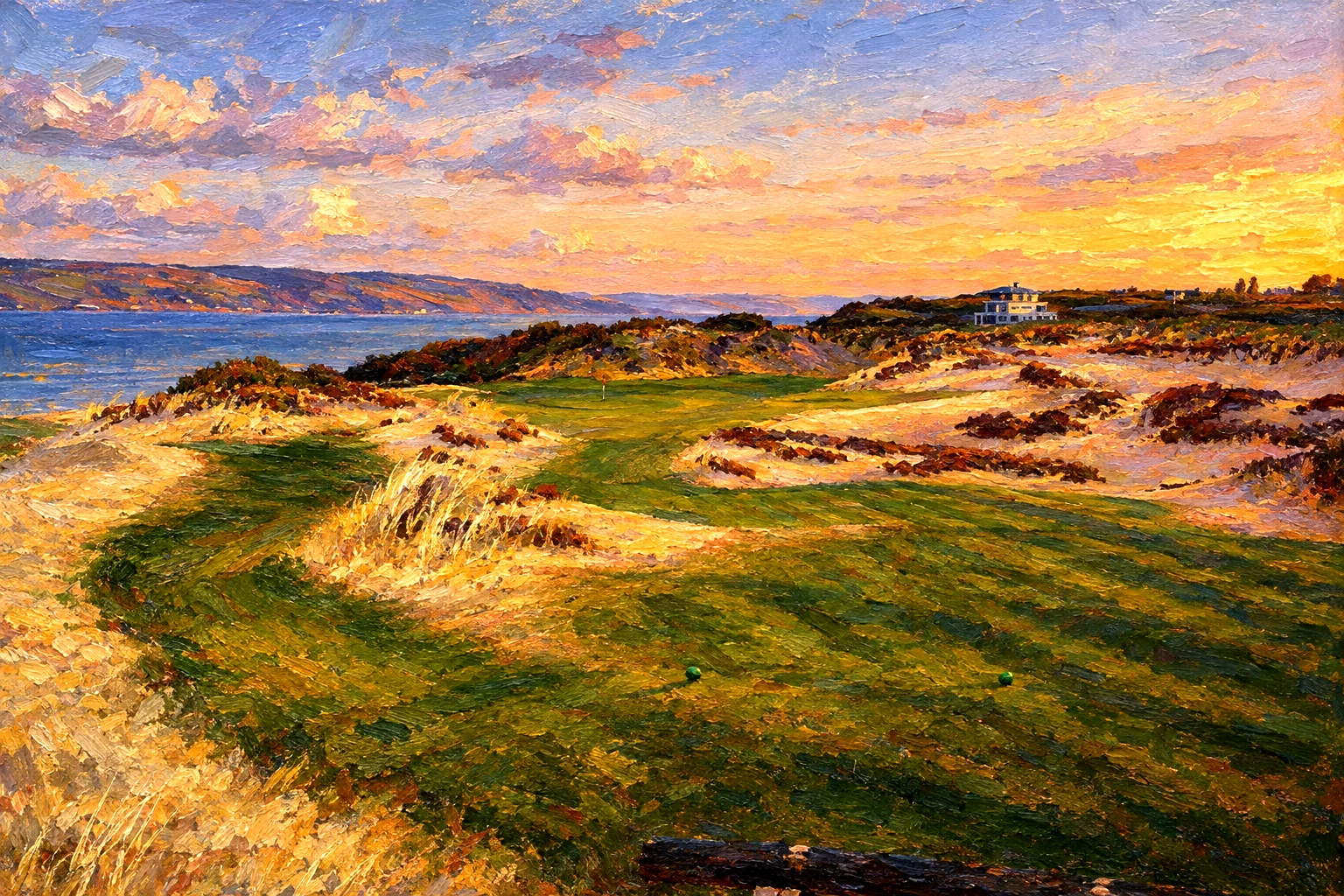 The eighth hole at Castle Stuart painted in oil under an evening sky, the fairway winding between dunes toward the green.